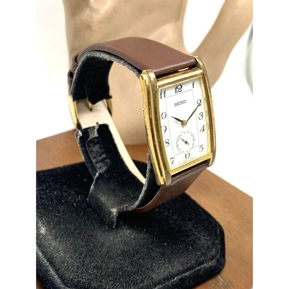 Seiko Men's Watch 7N07-5019 Tank Vintage Quartz White Dial Gold Brown Leather - Picture 13 of 13